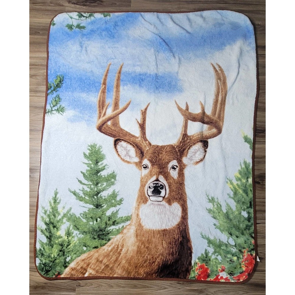 Vtg Buck Deer Fleece Throw Blanket